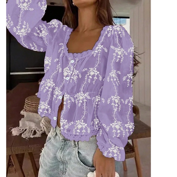 Boho Semi Sheer Lace Button Down Embroidered Floral Top - Picture 1 of 5